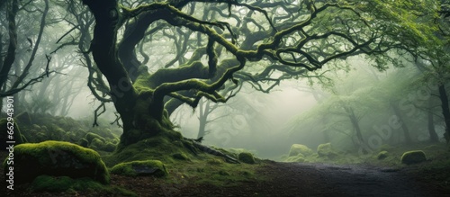 Misty fog surrounds an enchanting forest and twisted oak in Ravelston Woods Edinburgh Scotland With copyspace for text photo