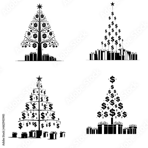 Set of four vector icons of christmas tree with dollar symbols hanging on it with presents