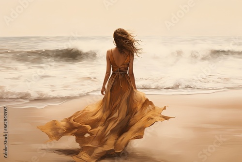 illustration of a woman wearing elegant long ball gown walking on beach shore  Generative Ai