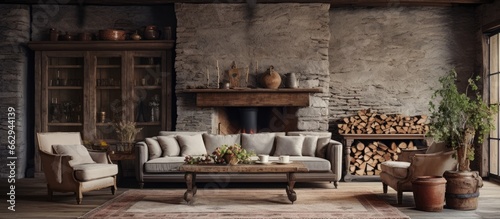 Charming vintage furniture enhances rustic home s living room With copyspace for text