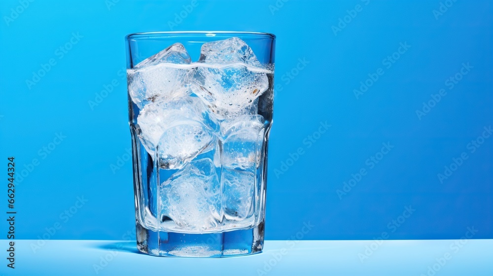 a glass filled with ice on top of a blue table. generative ai a glass filled with ice on top of a blue table. generative ai