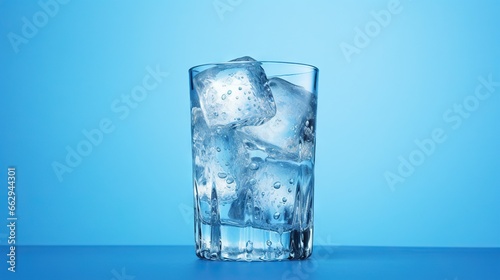  a glass of ice water on a blue table with a blue background.  generative ai