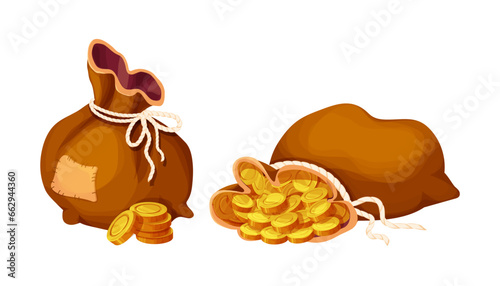 Set Money bag, sack with golden coins in cartoon style isolated on white. Game element asset success, trophy. 