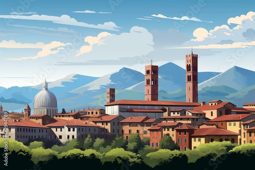 Urban cityscape of Lucca, Italy with modern buildings, skyscraper silhouette, and captivating Tuscany views. Generative AI