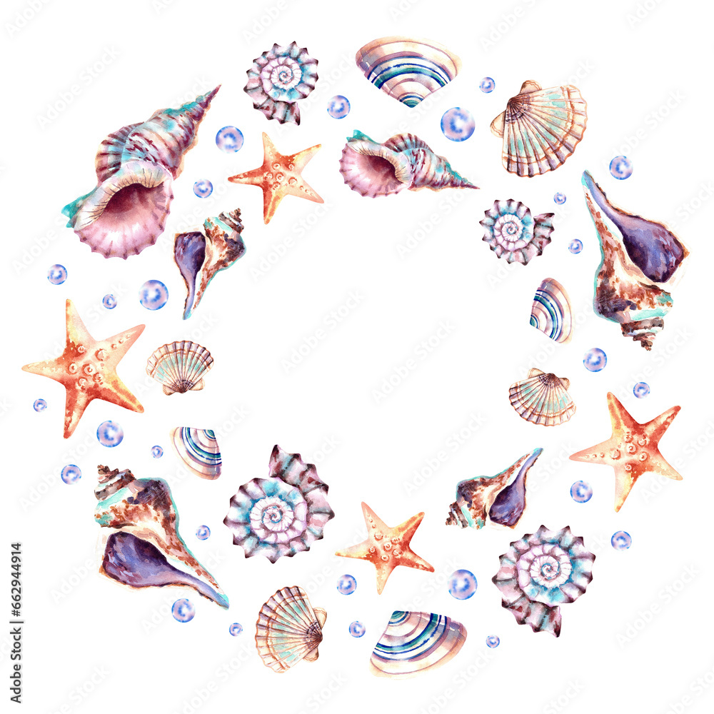 A wreath of shells, starfish and pearls. Marine composition. Watercolor illustration on an isolated background. Underwater animals. Design of postcards, labels, invitations.