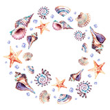 A wreath of shells, starfish and pearls. Marine composition. Watercolor illustration on an isolated background. Underwater animals. Design of postcards, labels, invitations.
