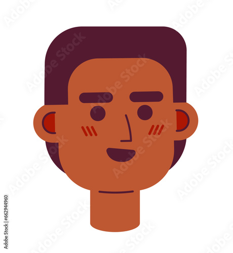 Black young man front view 2D vector avatar illustration. African american excited man cartoon character face. Happy male portrait. Joyful guy flat color user profile image isolated on white