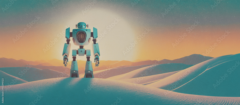 illustrazione di grande robot mecha solitario in piedi tra dune di sabbia in un deserto al tramonto - obrazy, fototapety, plakaty 