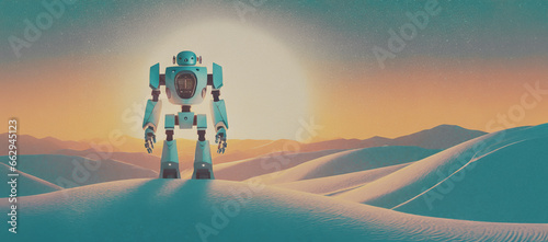 illustrazione di grande robot mecha solitario in piedi tra dune di sabbia in un deserto al tramonto photo