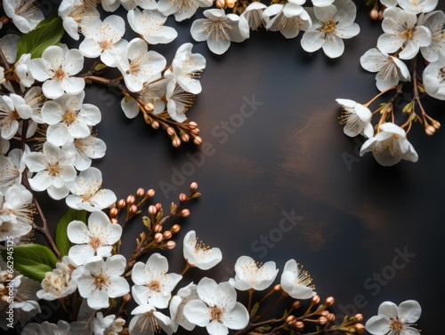 A bunch of white flowers on a black surface.