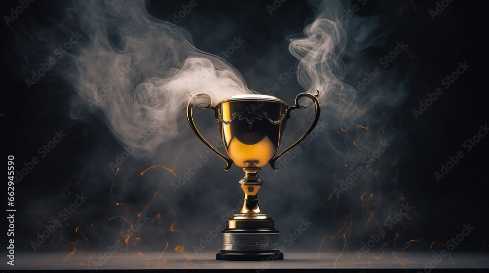 Trophy cup with smoke on dark background. Award concept. Copy space Trophy cup with smoke on dark background. Award concept. Copy space