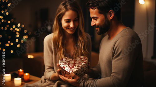 a woman and a man exchanging gifts couple give presents to each other. Making surprise for holiday