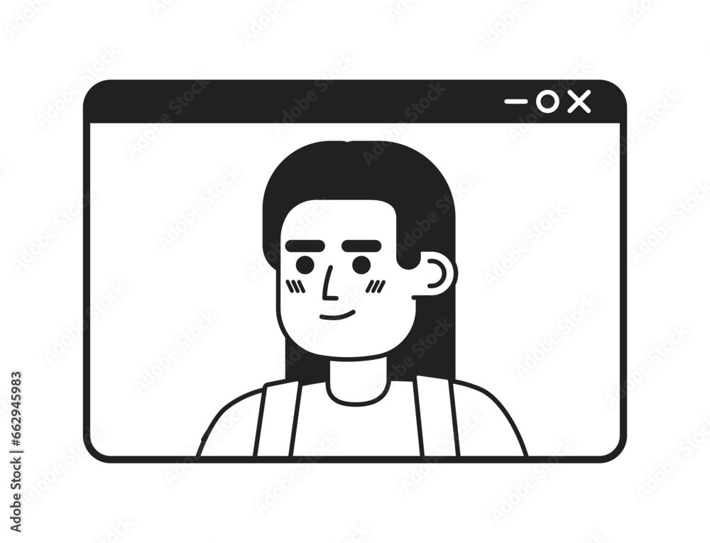 Video call indian adult woman black and white 2D cartoon character. Web screen south asian female isolated vector outline person. Businesswoman. Videoconference monochromatic flat spot illustration Video call indian adult woman black and white 2D cartoon character. Web screen south asian female isolated vector outline person. Businesswoman. Videoconference monochromatic flat spot illustration