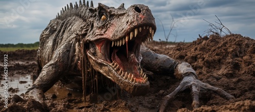 close up big sharp teeth dinosaur in muddy ground  Generative Ai