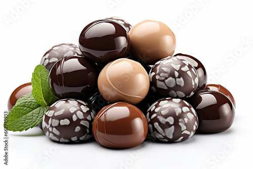 Heap of chocolate ball candies on white background. photo