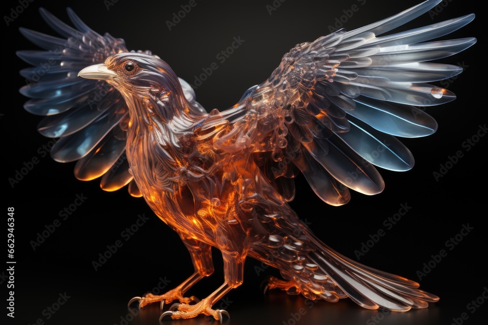 Obraz premium A glass sculpture of an eagle on a black surface, celestial outline.