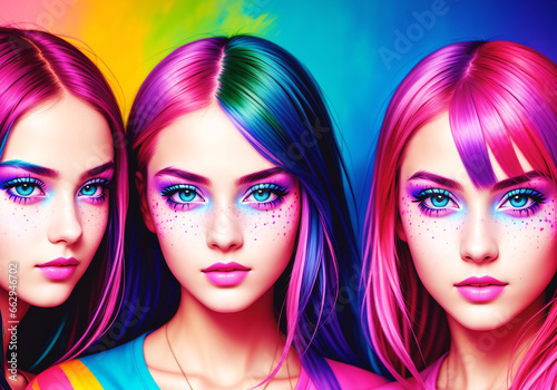 Portrait of beautiful young women with bright makeup and colorful hair. Beauty, fashion.
