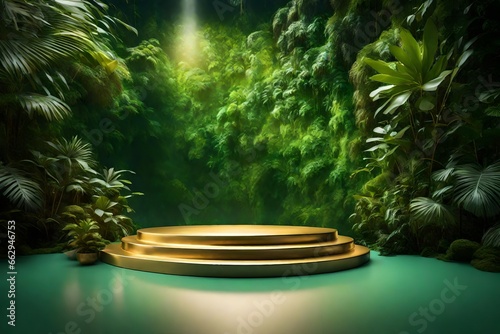 gold in tropical forest for product presentation and green wall.