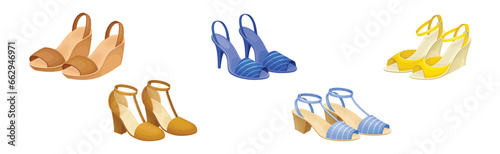 Different Woman Shoes Pair and Trendy Footwear Vector Set