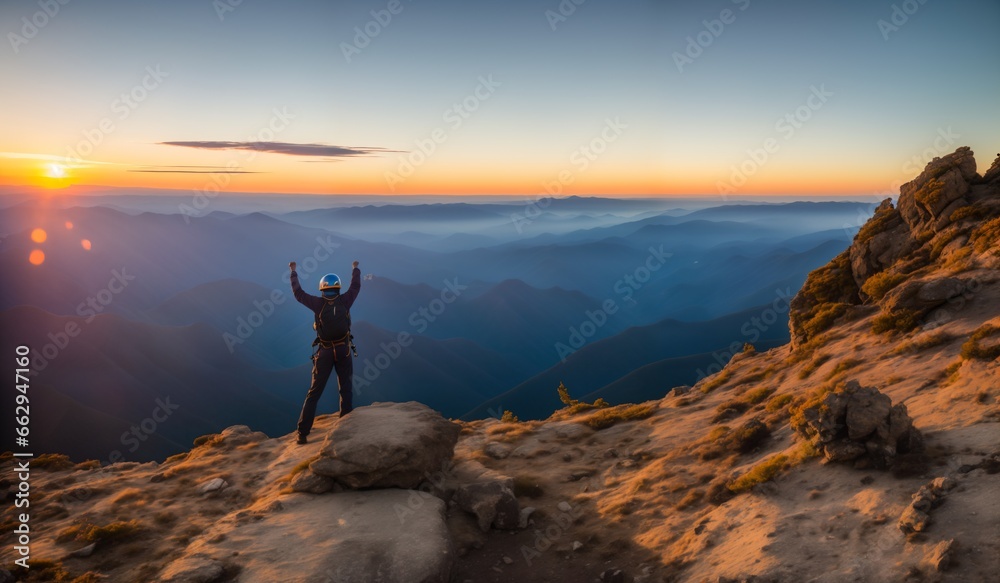 Hiker on the top of the mountain at sunset. Sport and active life concept Hiker on the top of the mountain at sunset. Sport and active life concept