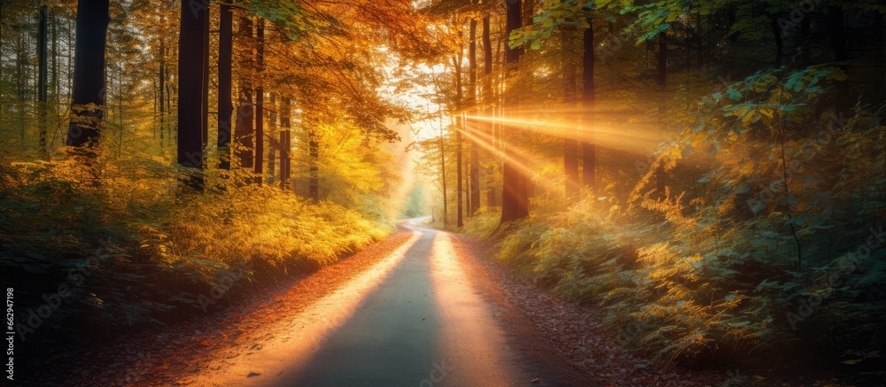 Autumn road in forest under sunrise captured in instant photo With copyspace for text