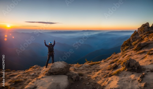 Hiker on the top of the mountain at sunset. Sport and active life concept