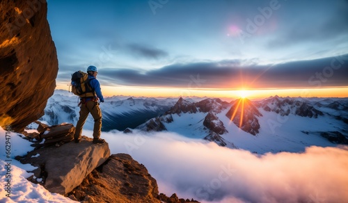Hiker on the top of a mountain at sunrise. Beautiful winter landscape. © whitecityrecords