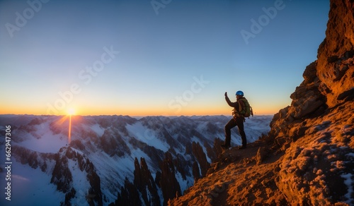 Hiker on the top of a mountain at sunrise. Beautiful winter landscape.