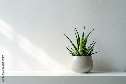 Modern pot with aloe vera against a white wall. Generative AI photo