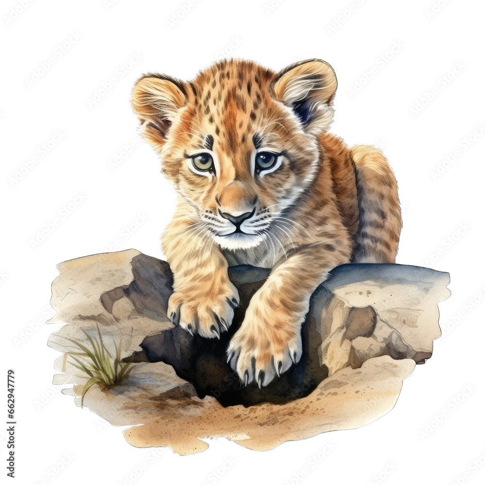 Obraz premium Baby lion, digging a hole. Watercolor illustration, isolated on white transparent background