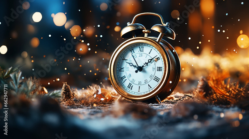 Old Black vintage alarm clock on wooden table on blur background of Christmas tree. New Year Theme photo