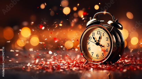Old Black vintage alarm clock on wooden table on blur background of Christmas tree. New Year Theme