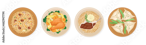 Uzbek Cuisine Traditional Dishes and Food Vector Set