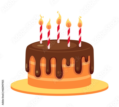 Birthday cake lit candles 2D cartoon object. Happy birthday dessert isolated vector item white background. Cheerful childhood celebration. Brownie chocolate cake color flat spot illustration