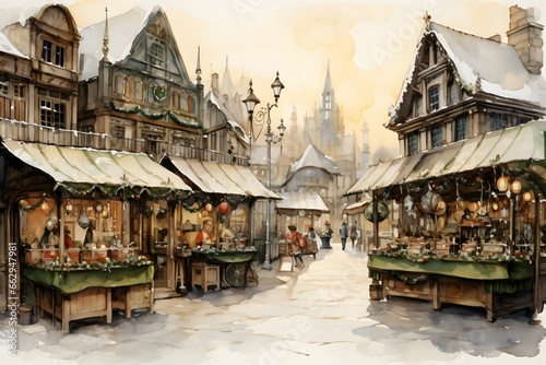 A festive Victorian market on Christmas Eve. Watercolor and ink illustration