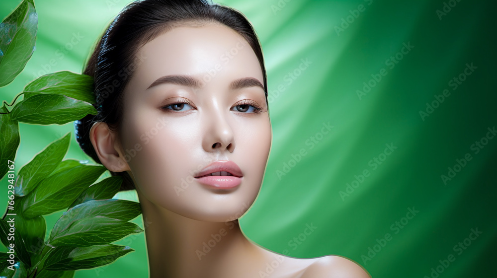 beauty portrait of a cool female asian model against green background beauty portrait of a cool female asian model against green background