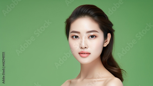 beauty portrait of a cool female asian model against green background