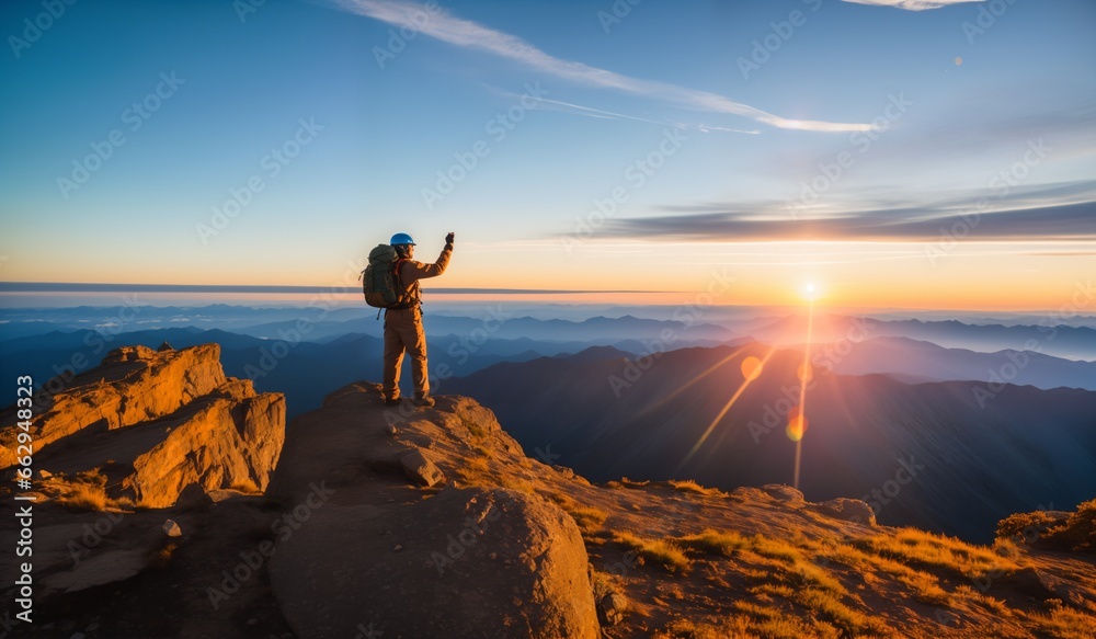 Silhouette of a man on top of a mountain at sunset
