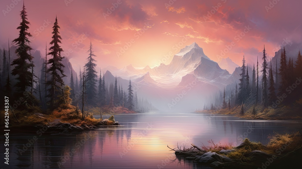 Fototapeta premium a painting of a mountain lake with a sunset in the background. generative ai