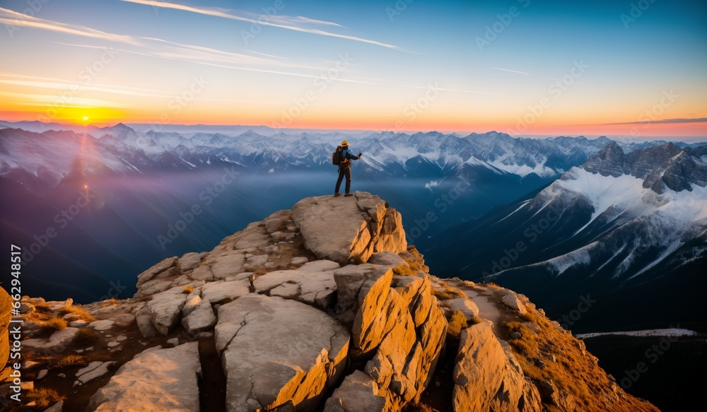 Hiker on the top of a mountain with a backpack and enjoying sunrise