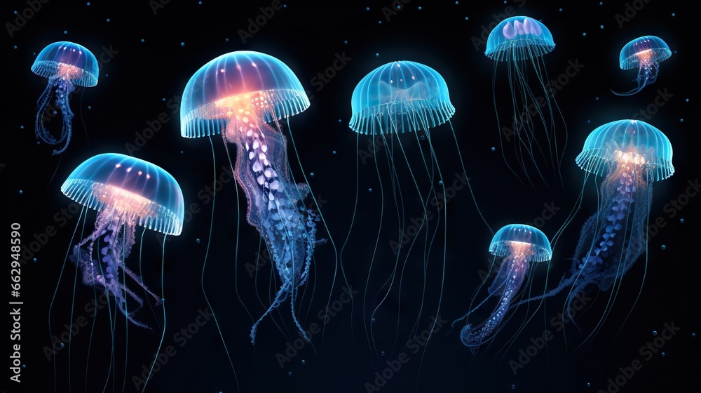 a group of jellyfish floating in the ocean at night. generative ai a group of jellyfish floating in the ocean at night. generative ai