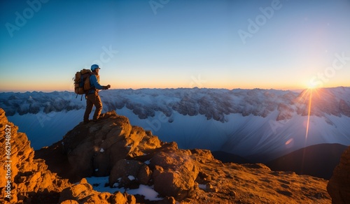 Hiker on the top of a mountain with a backpack and enjoying sunrise © whitecityrecords