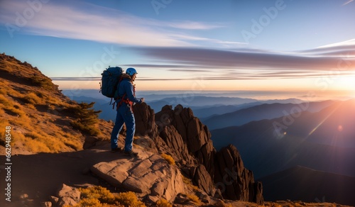 Hiker on the top of the mountain at sunset. Sport and active life concept © whitecityrecords