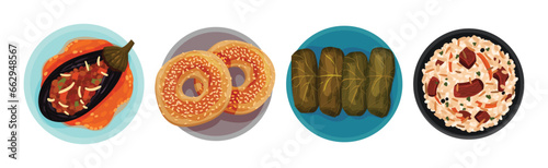 Turkish National Food and Dish Above View Vector Set