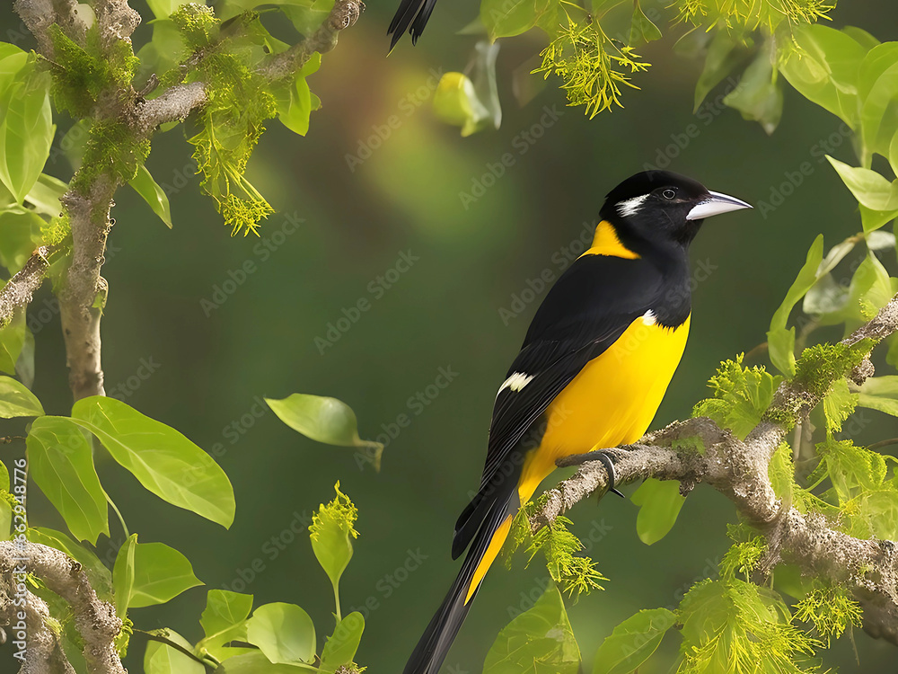 Fototapeta premium Yellow Bird Perching on Green Leaf in Nature