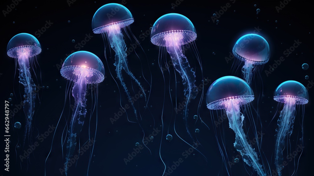 a group of jellyfish floating in the ocean at night. generative ai a group of jellyfish floating in the ocean at night. generative ai