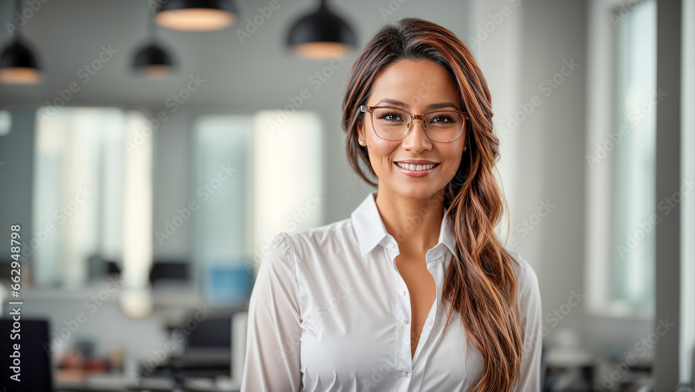 Fototapeta premium Portrait of a business woman in glasses against the background of the office