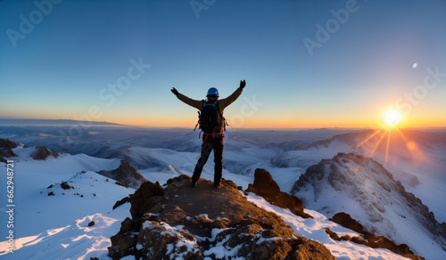 Hiker on the top of a mountain with raised hands at sunrise