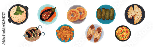 Turkish National Food and Dish Above View Vector Set