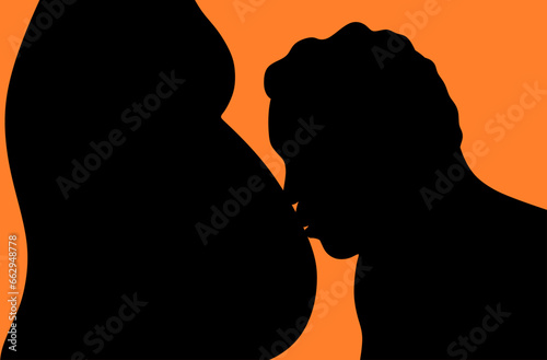 Husband kissing his pregnant wife's belly. Couple in love. Black silhouettes and orange background.